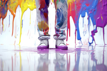 Artist's legs stained with a colorful paint . Generative art