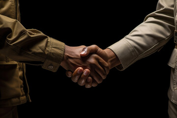 Handshake of two unrecognisable military persons. Photorealistic generative art