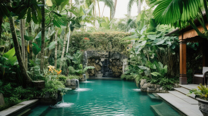 pool in tropical garden created with Generative AI technology