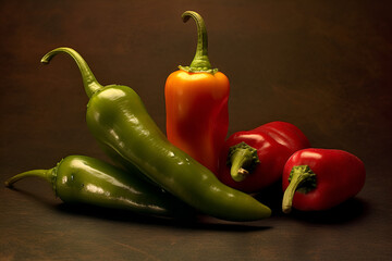 Different Chili Pepper, Hot Chili Poblano, Jalapeno habanero set on dark background, Generative AI.