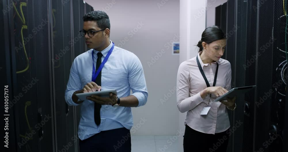 Canvas Prints Tablet, engineering and server room, woman and man, teamwork and cybersecurity in network administration. Tech employees, system maintenance and online update, technician team in data center together