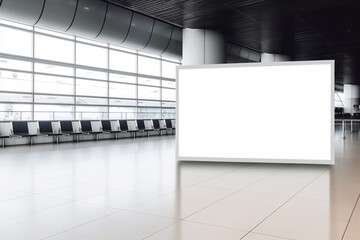 Large blank white advertising billboard inside airport, for product display and business marketing mock up