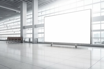 Large blank white advertising billboard inside airport, for product display and business marketing mock up
