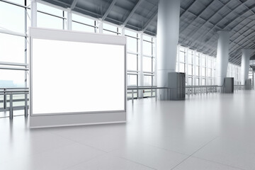 Large blank white advertising billboard inside airport, for product display and business marketing mock up