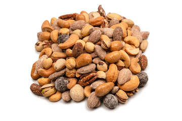 A group of almonds, pistachios, walnuts, macadamia, cashews.