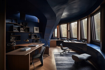 Organic home office Dark blue color palette. Centered perspective. Interior Design