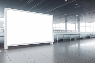 Large blank white advertising billboard inside airport, for product display and business marketing mock up
