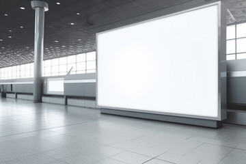 Large blank white advertising billboard inside airport, for product display and business marketing mock up