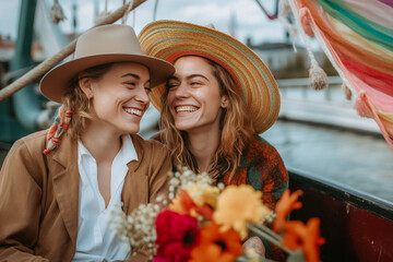 Fototapeta na wymiar Beautiful generative ai lesbian couple in a boat in Amsterdam celebrating lgbtq+ pride with rainbow flag patterns. Pride day and month celebration of diversity and inclusion. 