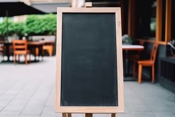 Fototapeta na wymiar Black chalkboard outside of restaurant, display for menu and food advertisement, mock up