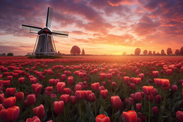 Colorfull tullip fields and windmills in the Netherlands in spring