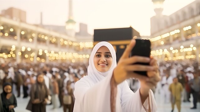 Muslim woman taking photo with phone camera showing view of kaaba in Mecca and bustling Muslim people, Generative AI