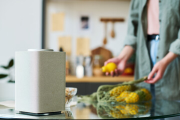 Fototapeta na wymiar Close-up of smart speaker standing on table with woman preparing food in the background