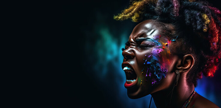 Black beautiful african girl with colorful face painting makeup and colored hair screaming or singing, side view, copy space on dark background, generative ai