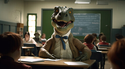 professo T-Rex in classroom created with Generative AI technology - obrazy, fototapety, plakaty