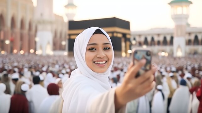Muslim woman taking photo with phone camera showing view of kaaba in Mecca and bustling Muslim people, Generative AI
