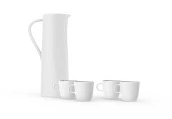 White Ceramic Jug and 4 Mugs Frontal View 3D-Illustration