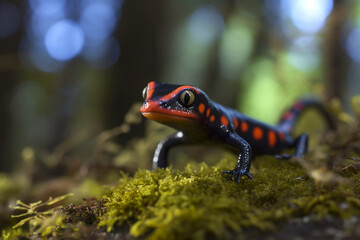 little salamander, bright colorful lizard in the forest on moss