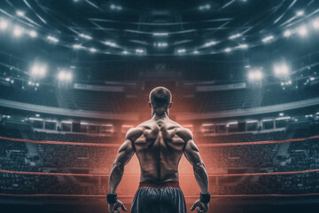 Fototapeta na wymiar Boxer or MMA figher standing inside boxing ring in stadium, ready to fight and compete