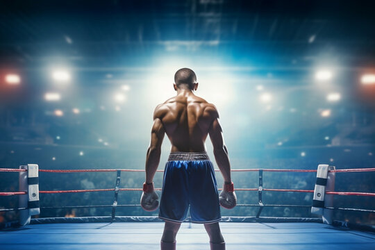 Boxer or MMA figher standing inside boxing ring in stadium, ready to fight and compete