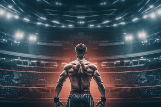 Boxer or MMA figher standing inside boxing ring in stadium, ready to fight and compete