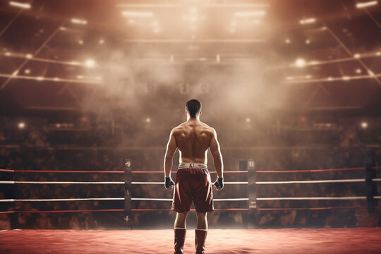 Boxer or MMA figher standing inside boxing ring in stadium, ready to fight and compete