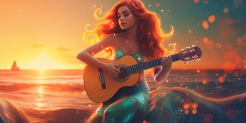 A mermaid playing a guitar on the beach. Generative AI image.