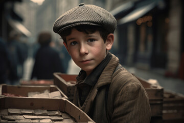 Orphan boy selling matchstick in Berlin in 1920 (Generative AI)