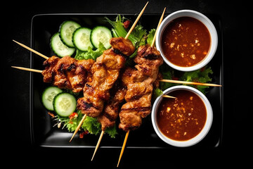 Satay Skewered and grilled meat created with Generative AI technology