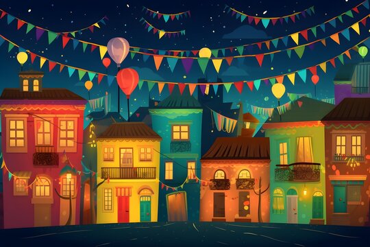 Wallpaper Illustration and background of a Brazilian city celebrating the Festa Junina, Brazilian June party. Front View. Concept of Festa Junina party, Sao Joao party. Generative AI.