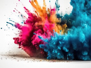 Fototapeta na wymiar Colorful explosion of colored powder on a white background. Generative AI