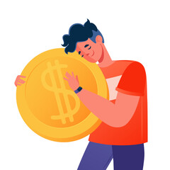 Happy, smiling young man flat cartoon character is hugging gold coin with dollar symbol. Business and finance theme. Concept of career, earning profits, growth, increasing, profitable investment.