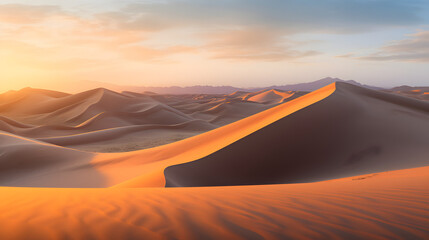 Fototapeta na wymiar the captivating beauty of sand dunes at sunset, with rolling hills of golden sand, intricate patterns created by wind, and warm, soft light casting long shadows