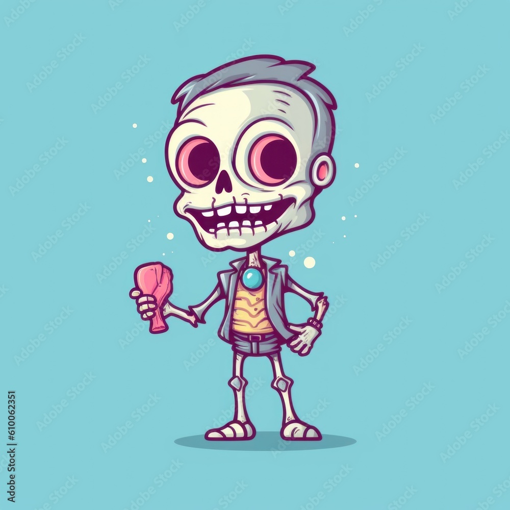 Sticker A cartoon skeleton holding a pink ice cream cone. Generative AI image.