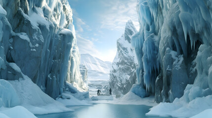 the ethereal beauty of an icy landscape with towering glaciers, shimmering blue ice formations, and a vast frozen expanse stretching as far as the eye can see