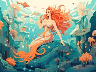Fototapeta na wymiar A mermaid sitting on a rock in the ocean. Generative AI image.
