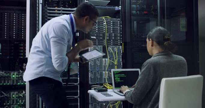 Engineer, problem solving and server room, woman and man team with tablet, laptop and network update. Tech employees, system and cable maintenance for cybersecurity, teamwork in data center together.