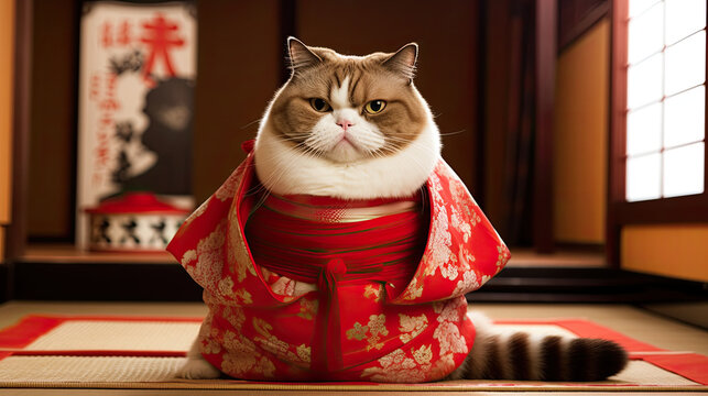 fat sumo cat in kimono created with Generative AI technology