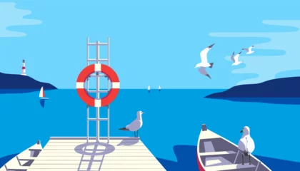 Rolgordijnen Seascape with seagulls, sailboat pier on sea coast vector illustration. Seaside holiday vacation travel poster background. Ocean bay scenic view of seabirds, yachts, sailing boats flat minimal design © lana_samcorp
