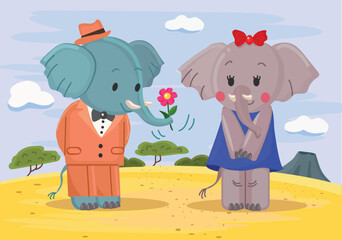 Vector cute cartoon illustration with an elephant in love giving a flower to his elephant girlfriend on the background of the african landscape