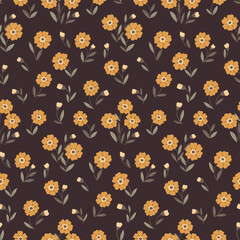 Seamless floral pattern, ditsy print with vintage folk motif. Cute botanical design in autumn colors: small hand drawn plants, orange flowers, leaves on a brown background. Vector illustration.