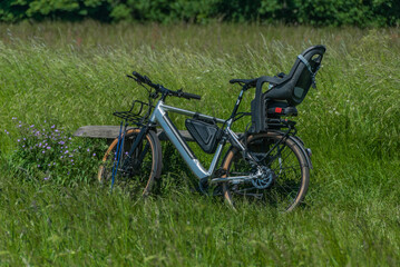 Electric bike perfect for travelling with kids, beautiful summer day. 