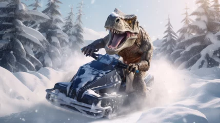 Fotobehang T-Rex driving snowmobile created with Generative AI technology © Poprock3d