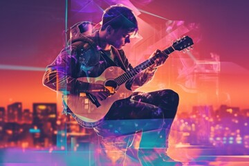 Obraz na płótnie Canvas A man sitting on a ledge playing a guitar. Generative AI image.