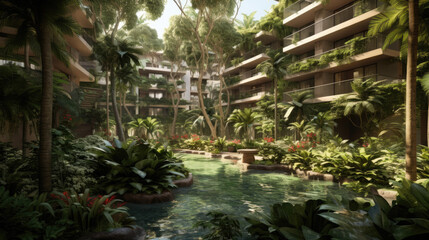 Fototapeta na wymiar tropical garden condominium created with Generative AI technology