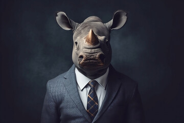 Portrait of a Rhinoceros dressed in a formal business suit, generative AI