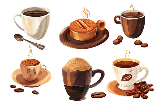 Watercolor Coffee elements menu objects isolated on white background, various coffee cups in cafe shop, morning drinks espresso, cappuccino, delicious beverages clipart set, with Generative Ai.