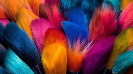 Fototapeta na wymiar Captivating close-up of vibrant, multicolored makeup brushes blending Generative AI
