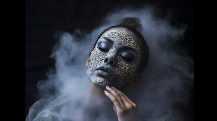 Ethereal mist surrounding a model as she applies a shimmering face mask Generative AI