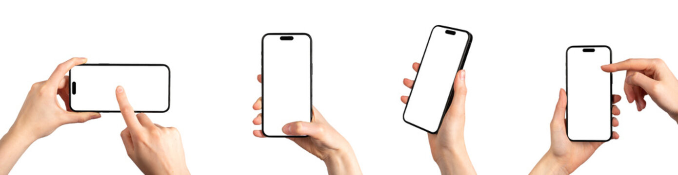Mobile phone screen mockup, smartphone display mock-ups in hands set, isolated on white.